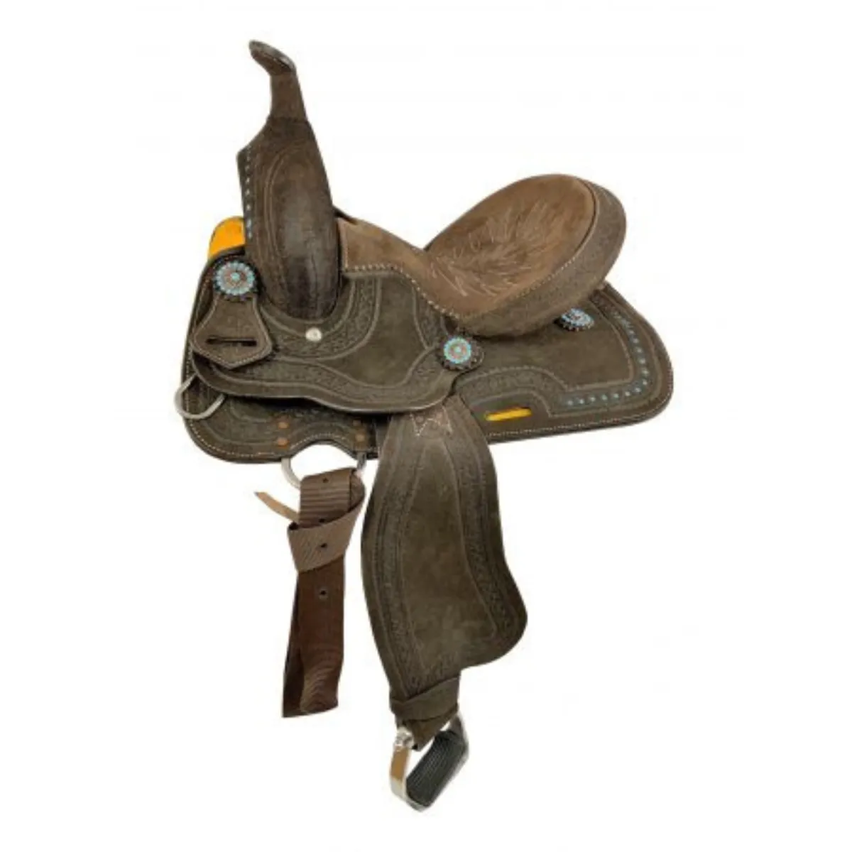 12" Double T  Barrel style saddle with Oiled Rough out leather, Teal buckstitch accents and flower conchos