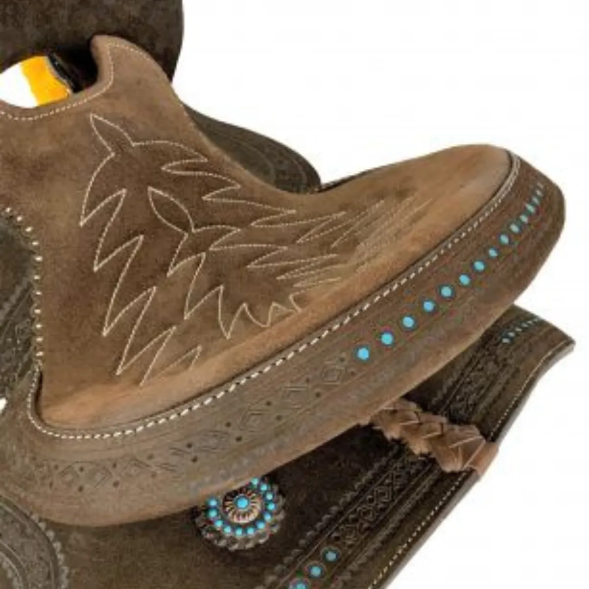 12" Double T  Barrel style saddle with Oiled Rough out leather, Teal buckstitch accents and flower conchos