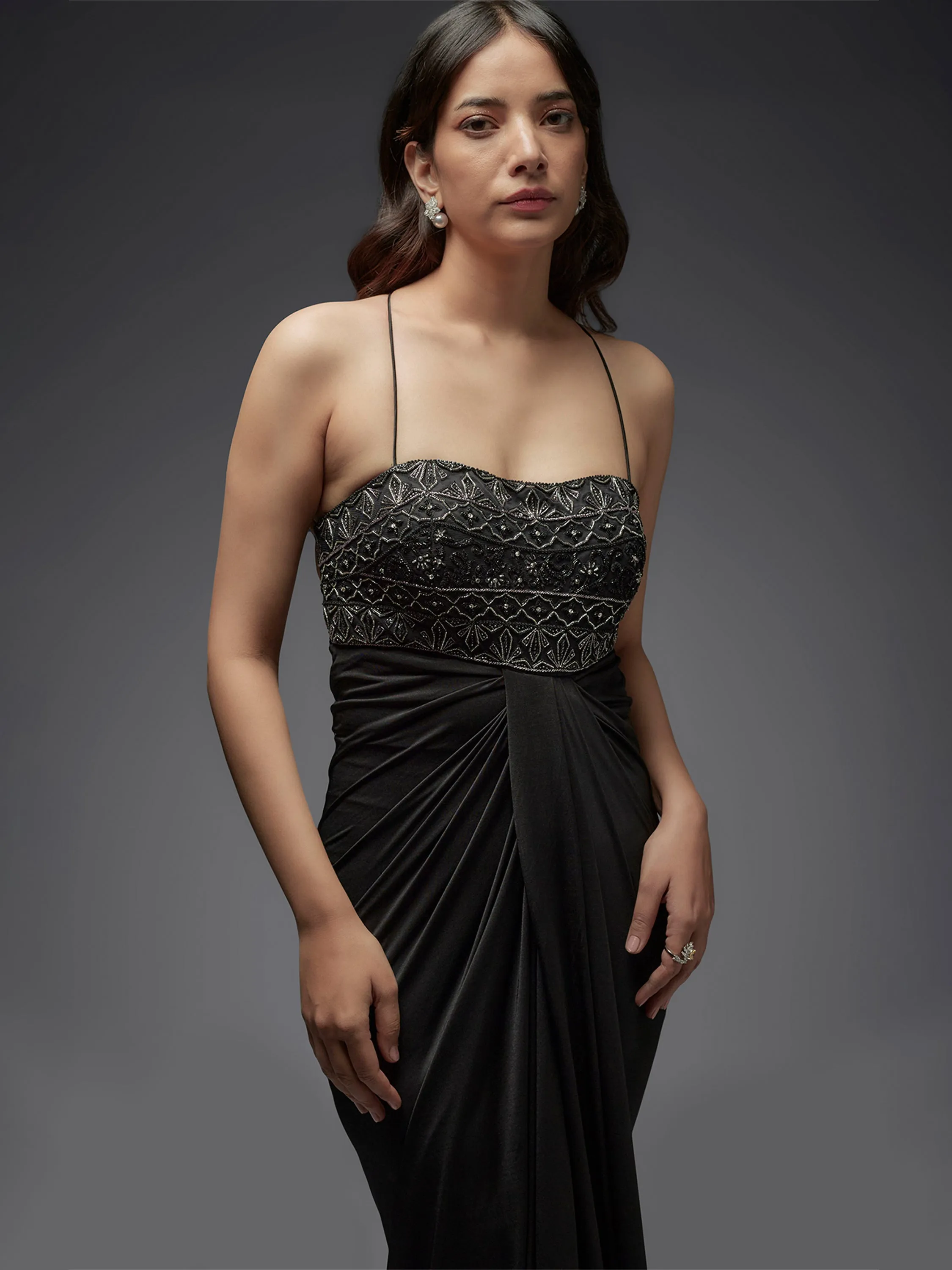 Black Hand Embroidered Lycra Draped Gown