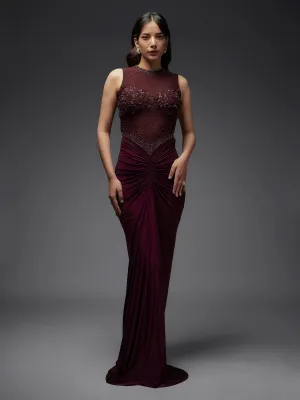 Burgundy Hand Embroidered Mesh and Lycra Draped Gown