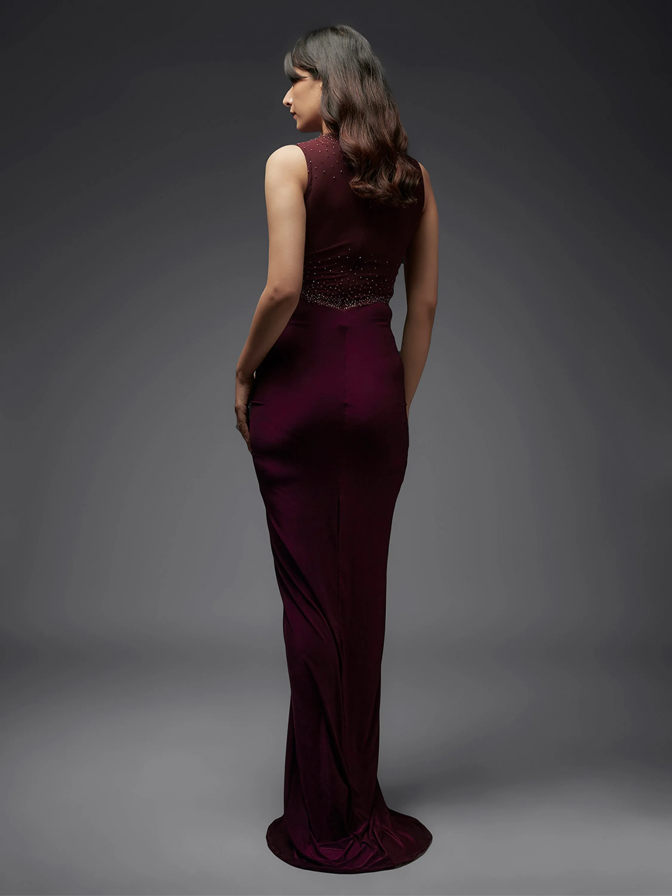 Burgundy Hand Embroidered Mesh and Lycra Draped Gown