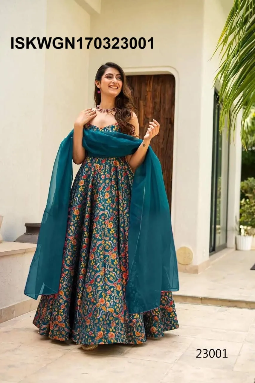 Digital Printed Silk Gown With Organza Silk Dupatta-ISKWGN170323001