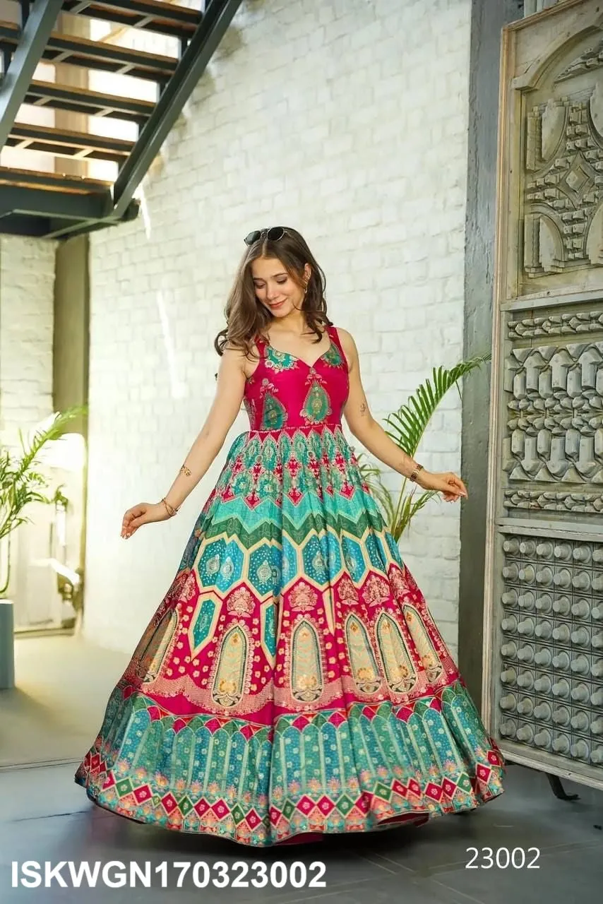 Digital Printed Silk Gown With Organza Silk Dupatta-ISKWGN170323002