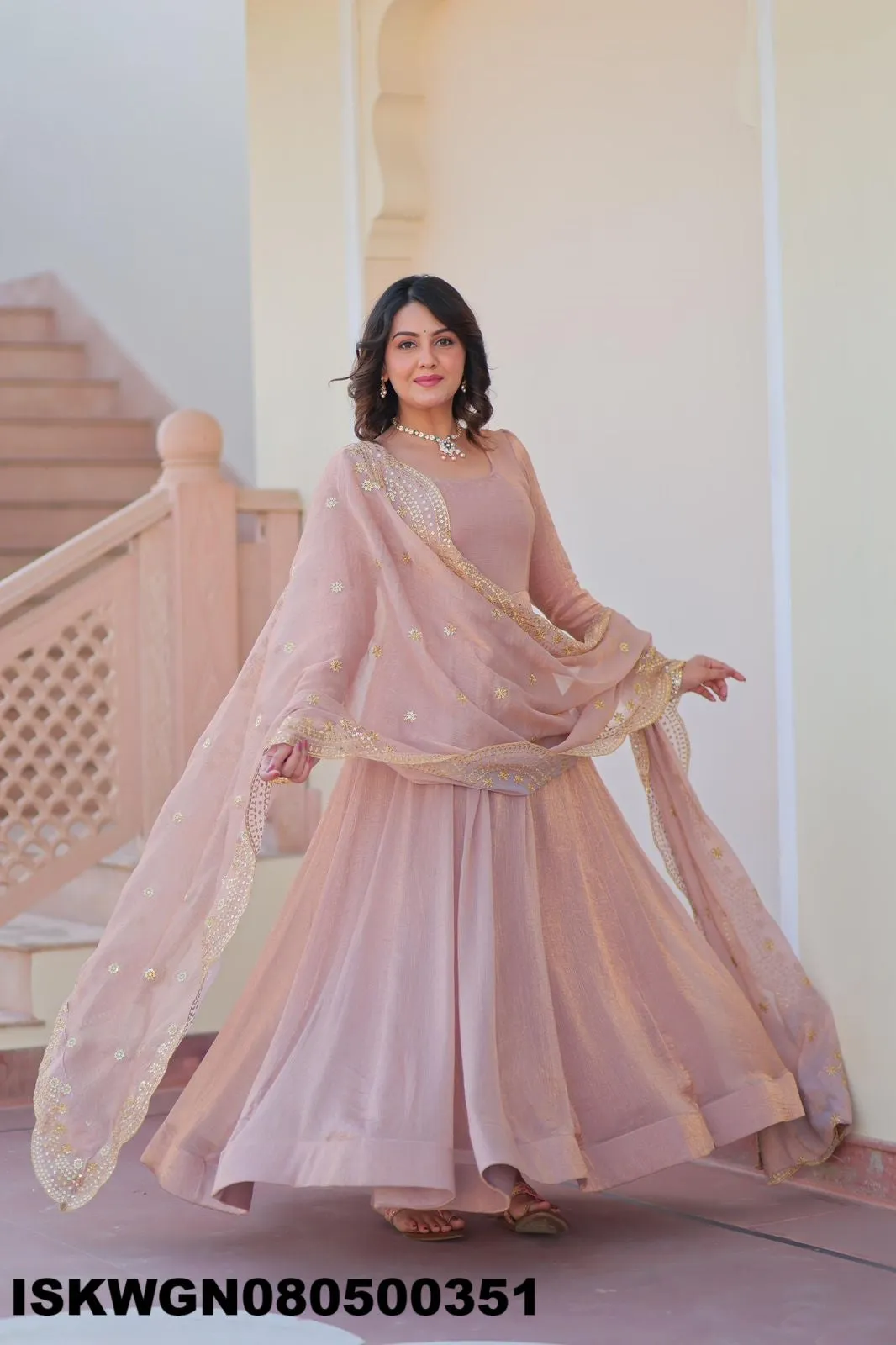 Embroidered Chiffon Gown With Dupatta-ISKWGN080500351