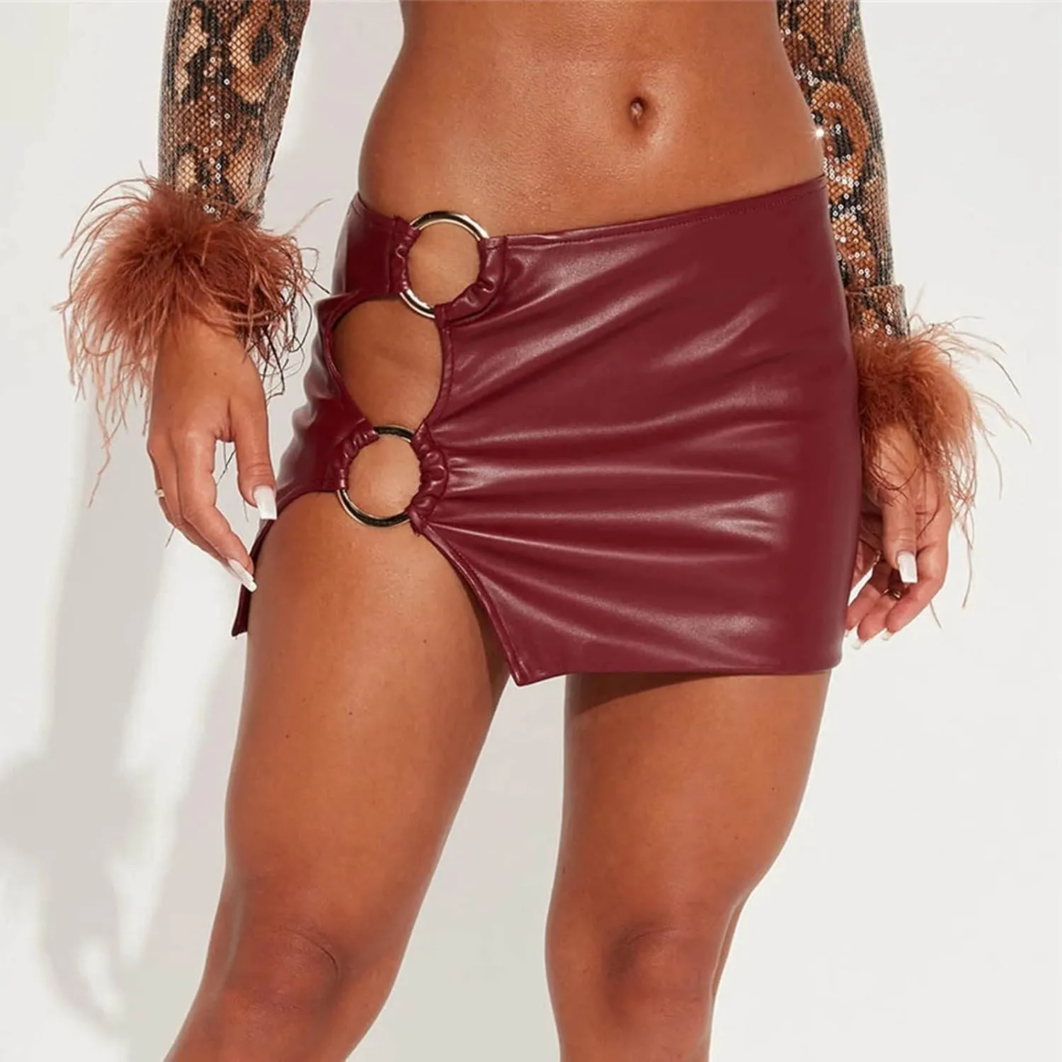 Fashion Zipper Women's Sexy PU Leather Hip Skirt Solid Color Leather Skirt Pleated Long Skirts for Women