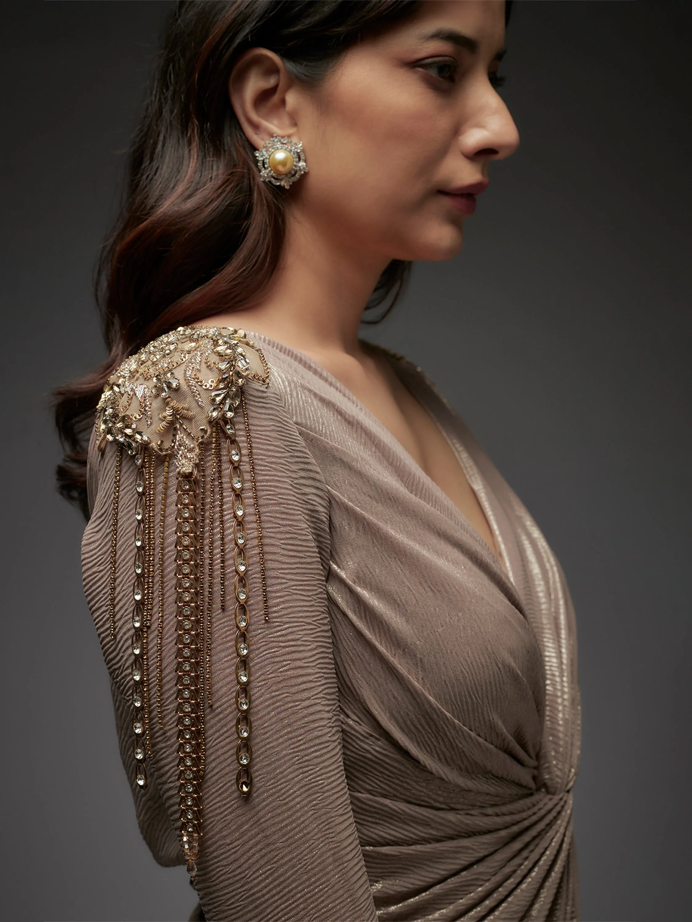 Gold Front Twist Draped Gown