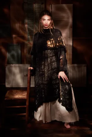 Hand knit shrug (Linen) w/ foil print - Black