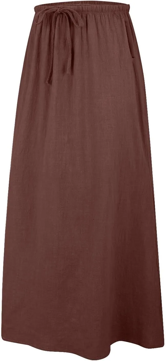 Linen Maxi Skirts for Women Trendy Casual Summer Drawstring Long A Line Skirt Comfy Flowy Boho Beach Vacation Skirt