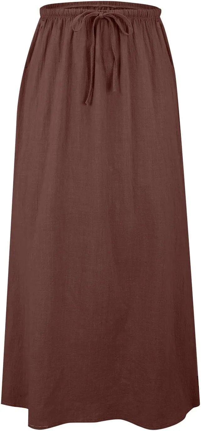 Linen Maxi Skirts for Women Trendy Casual Summer Drawstring Long A Line Skirt Comfy Flowy Boho Beach Vacation Skirt