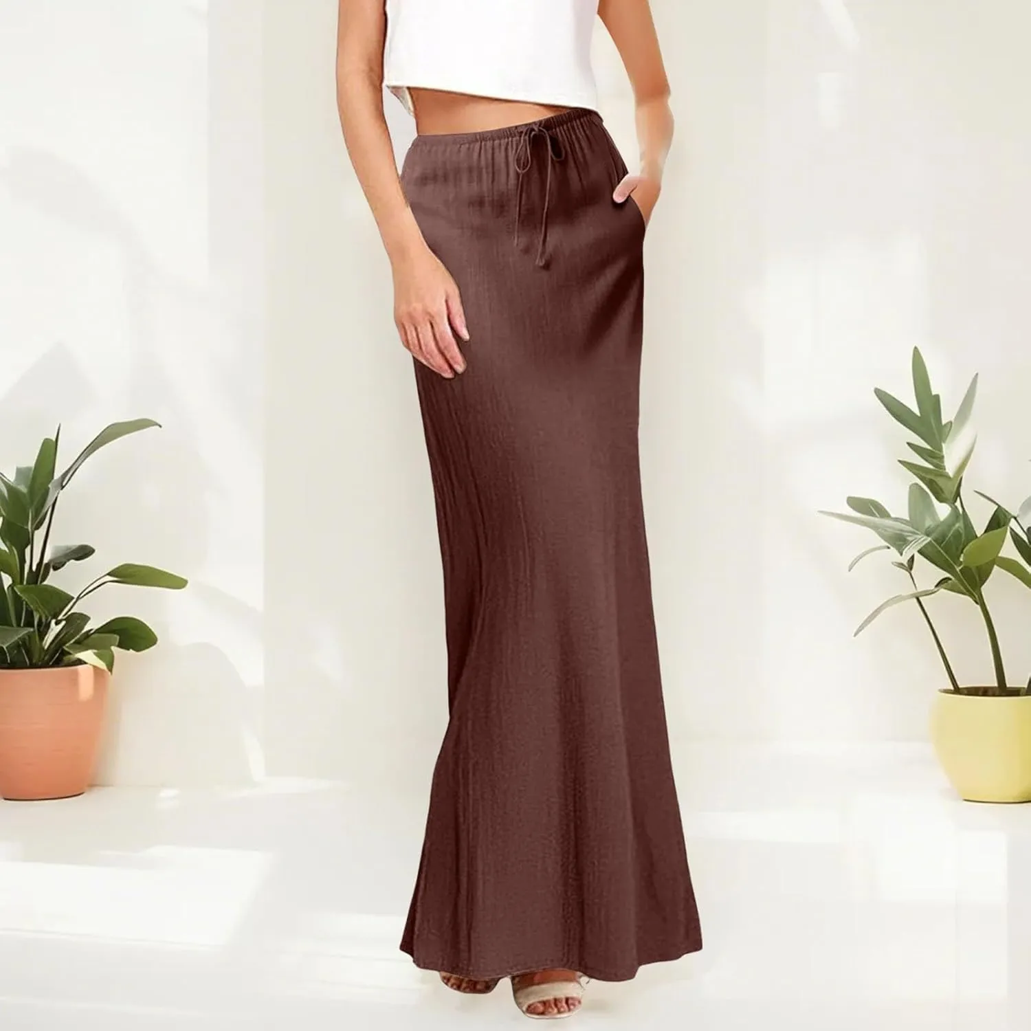 Linen Maxi Skirts for Women Trendy Casual Summer Drawstring Long A Line Skirt Comfy Flowy Boho Beach Vacation Skirt