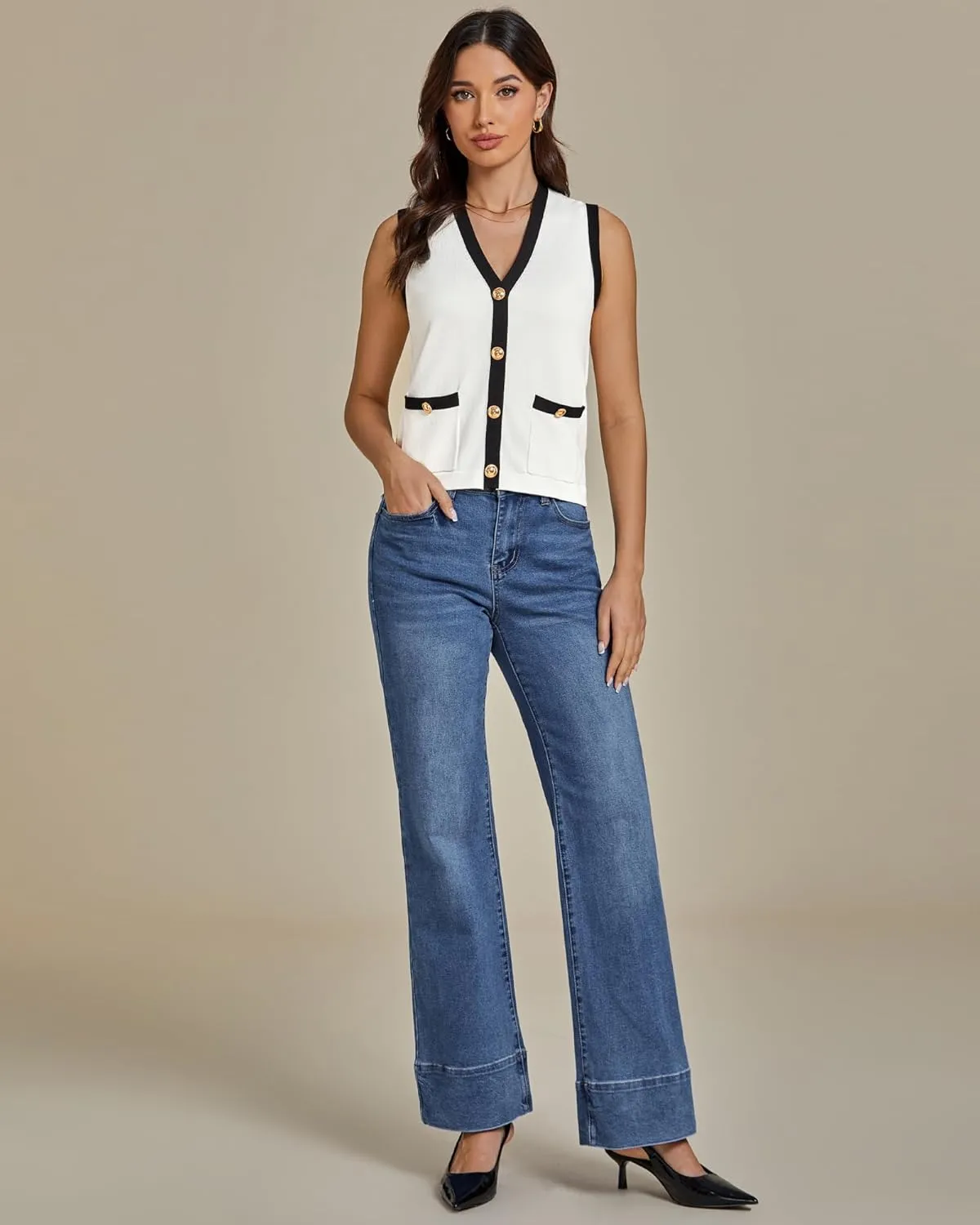 luvamia Knit Vest for Women Trendy Colorblock Button Down Dressy Casual Sleeveless Summer Sweater Vests Top with Pockets