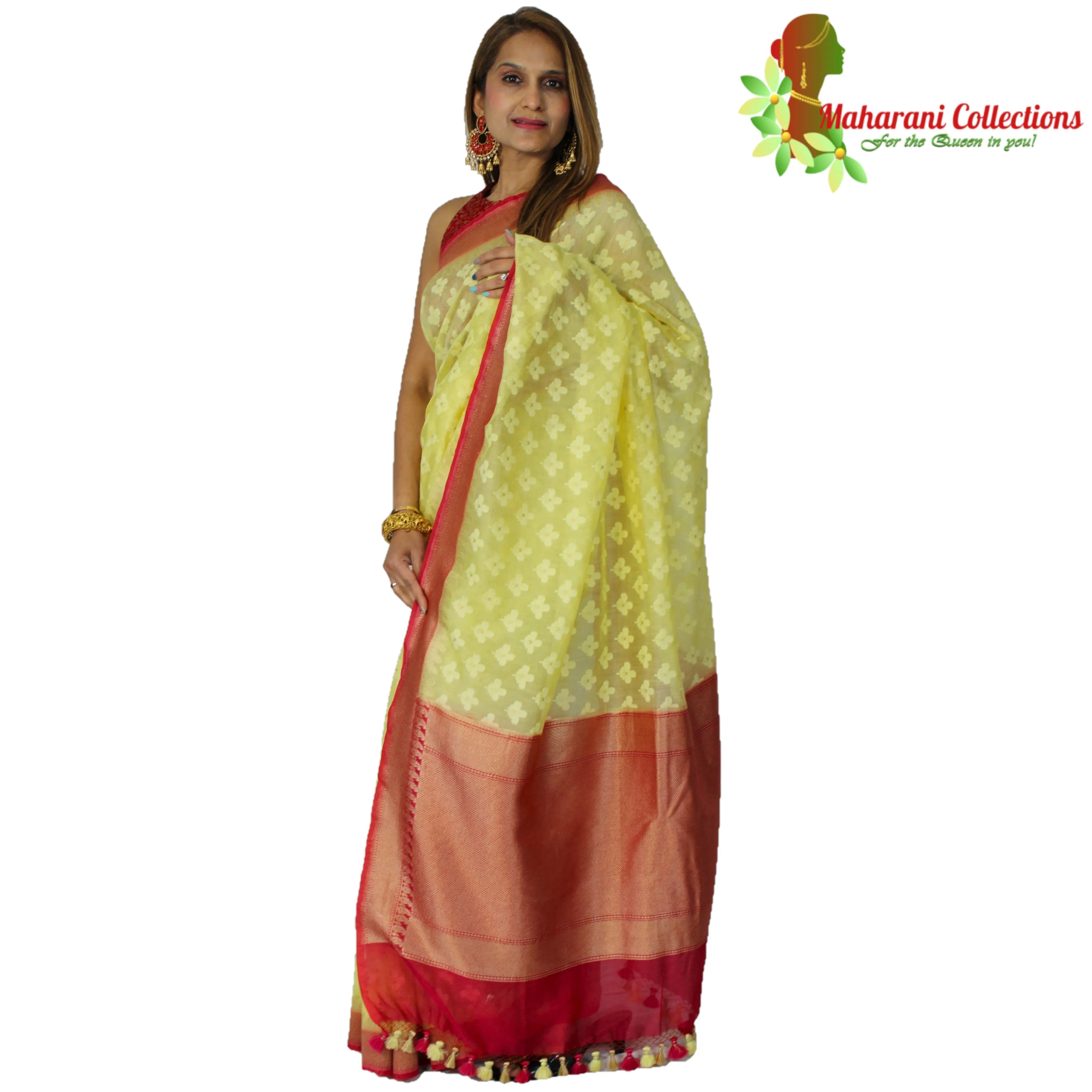 Maharani's Pure Tussar Silk Saree - Lemon Yellow with Golden Zari and Boota Work