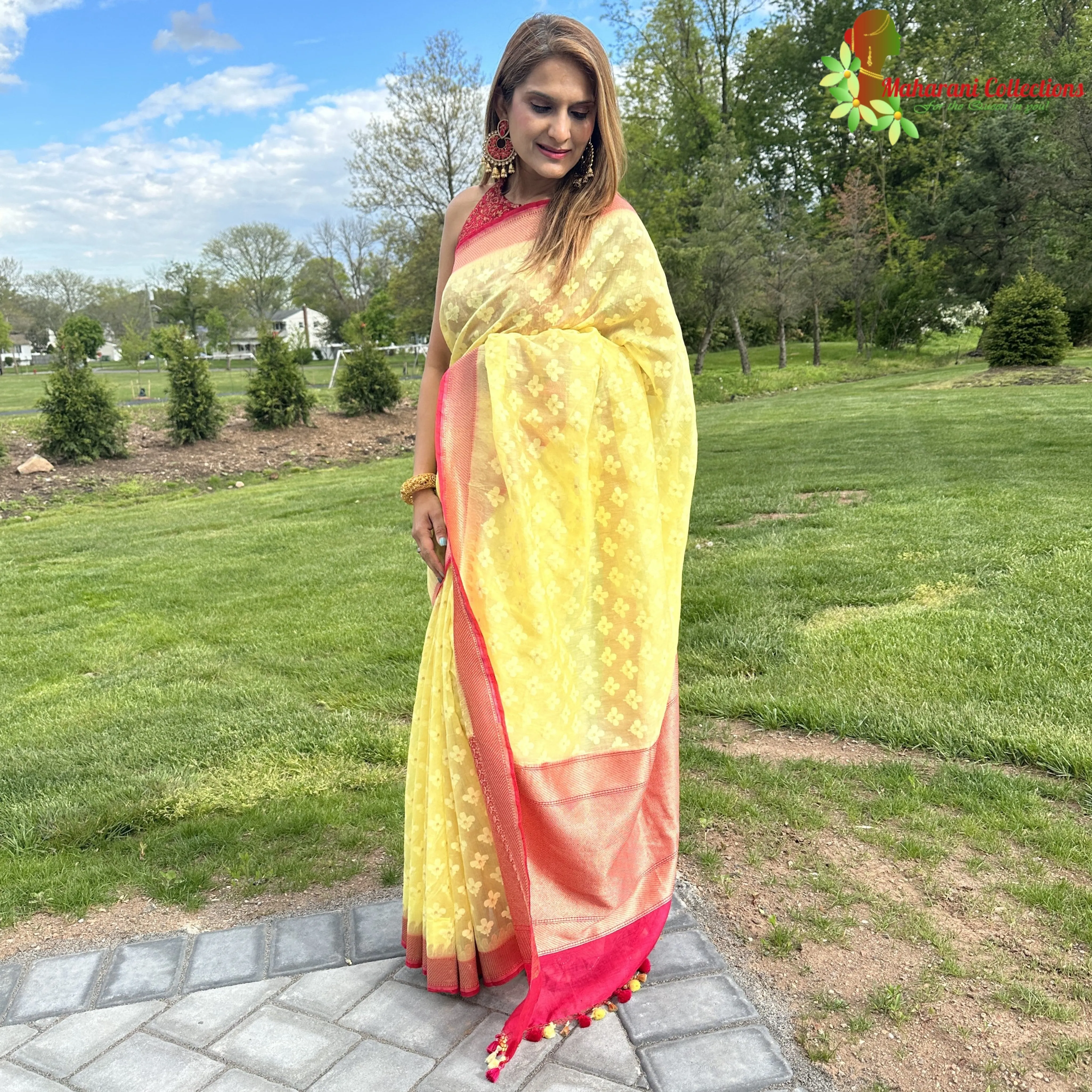 Maharani's Pure Tussar Silk Saree - Lemon Yellow with Golden Zari and Boota Work