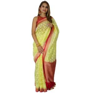 Maharani's Pure Tussar Silk Saree - Lemon Yellow with Golden Zari and Boota Work