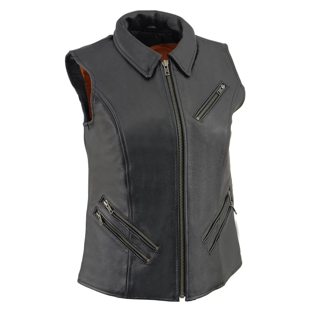 Milwaukee Leather MLL4520 Womens Black Leather Shirt Style Collar Motorcycle Rider Vest with 4 Front Lower Pockets