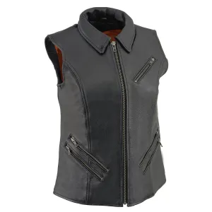 Milwaukee Leather MLL4520 Womens Black Leather Shirt Style Collar Motorcycle Rider Vest with 4 Front Lower Pockets