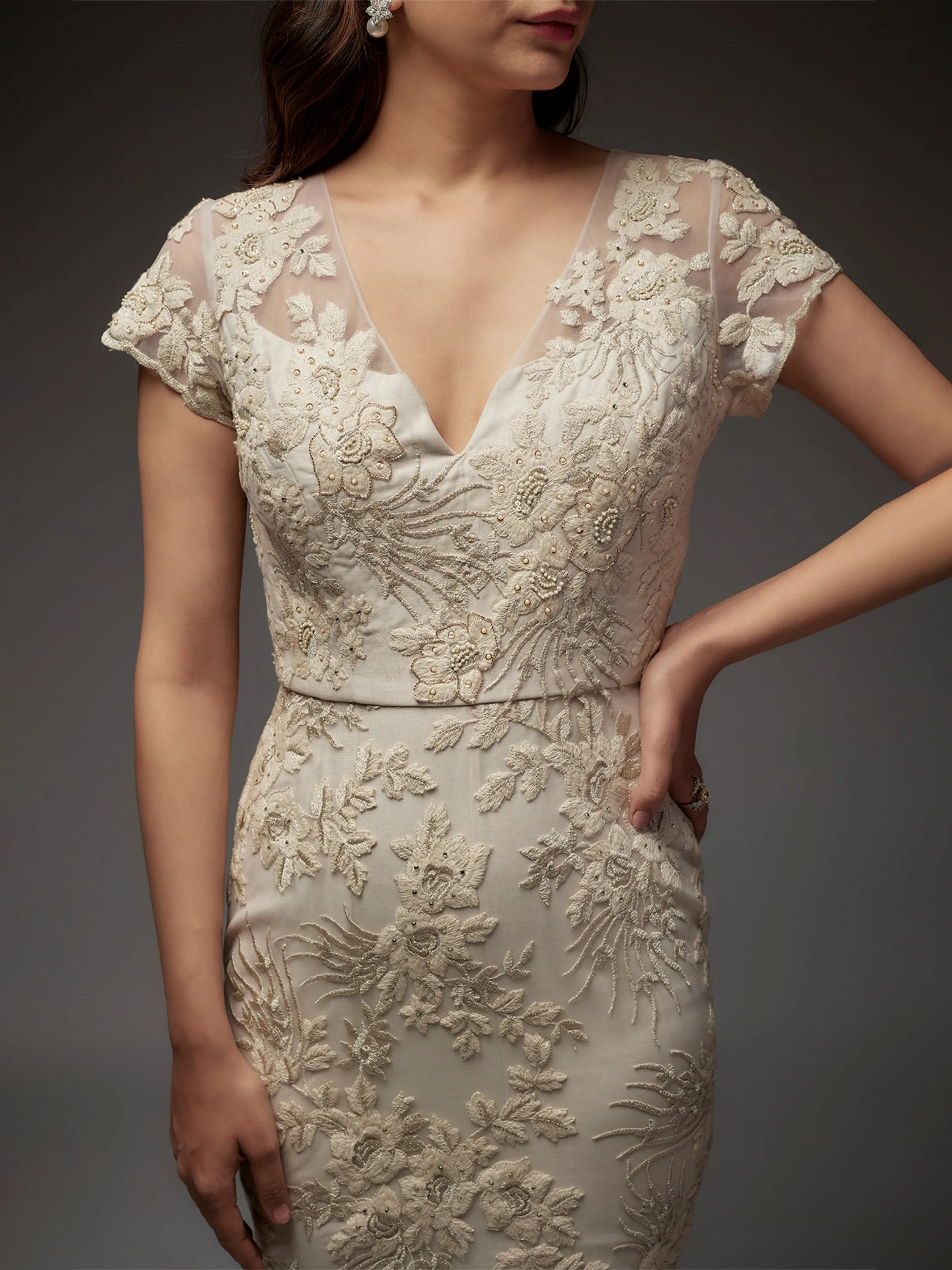 Off White Lace Embroidered Mermaid Gown