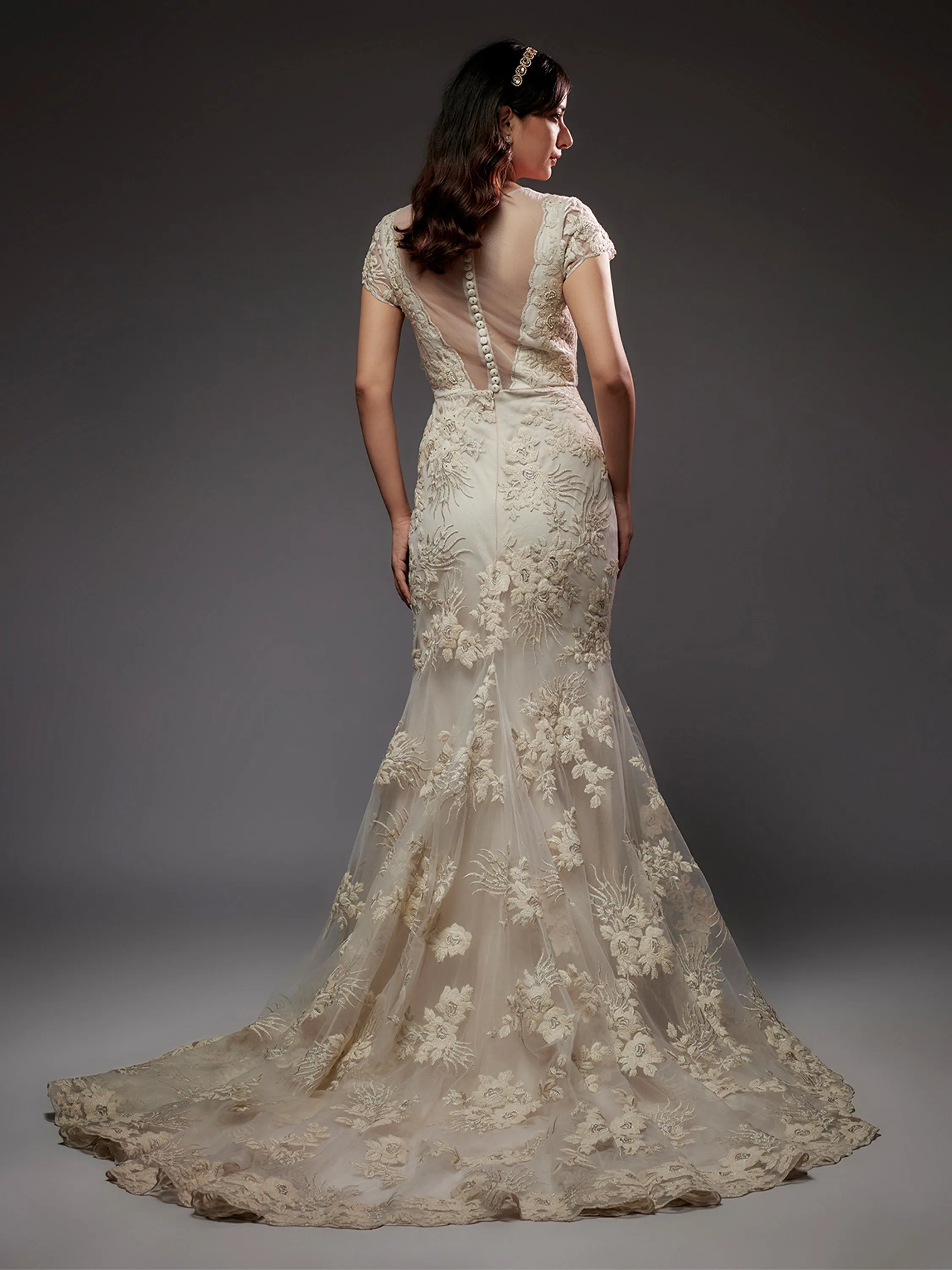 Off White Lace Embroidered Mermaid Gown