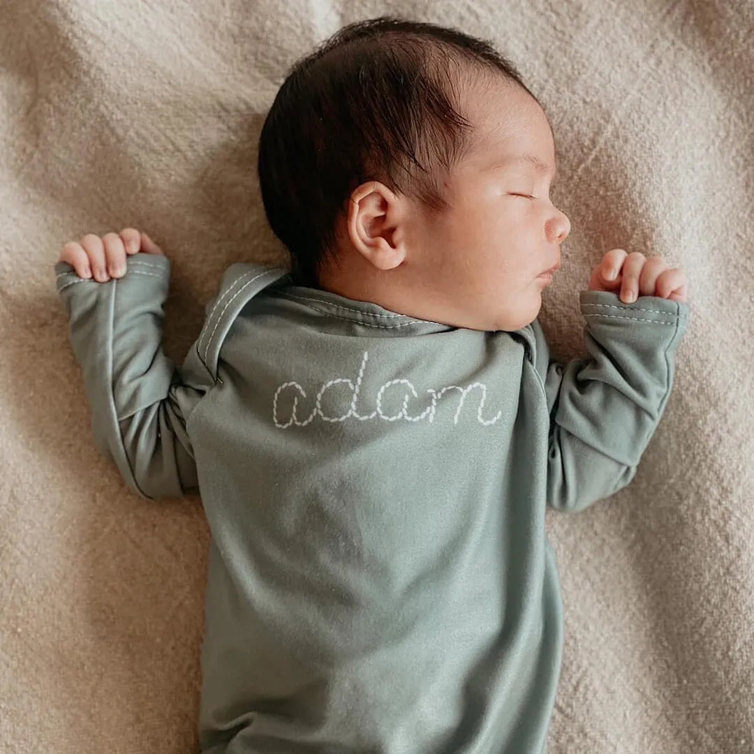 Personalized Stitched Newborn Baby Knot Gown | Forest Greens