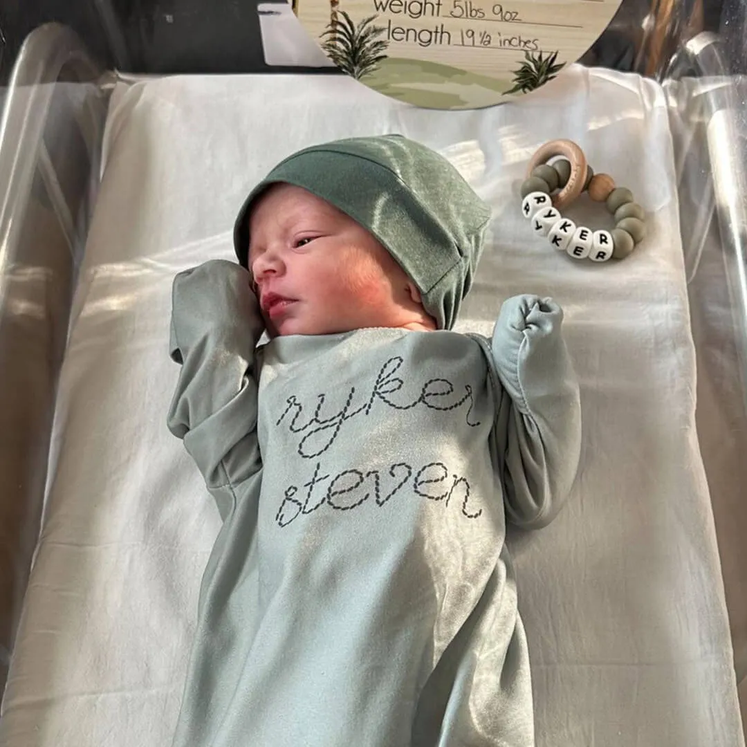 Personalized Stitched Newborn Baby Knot Gown | Forest Greens