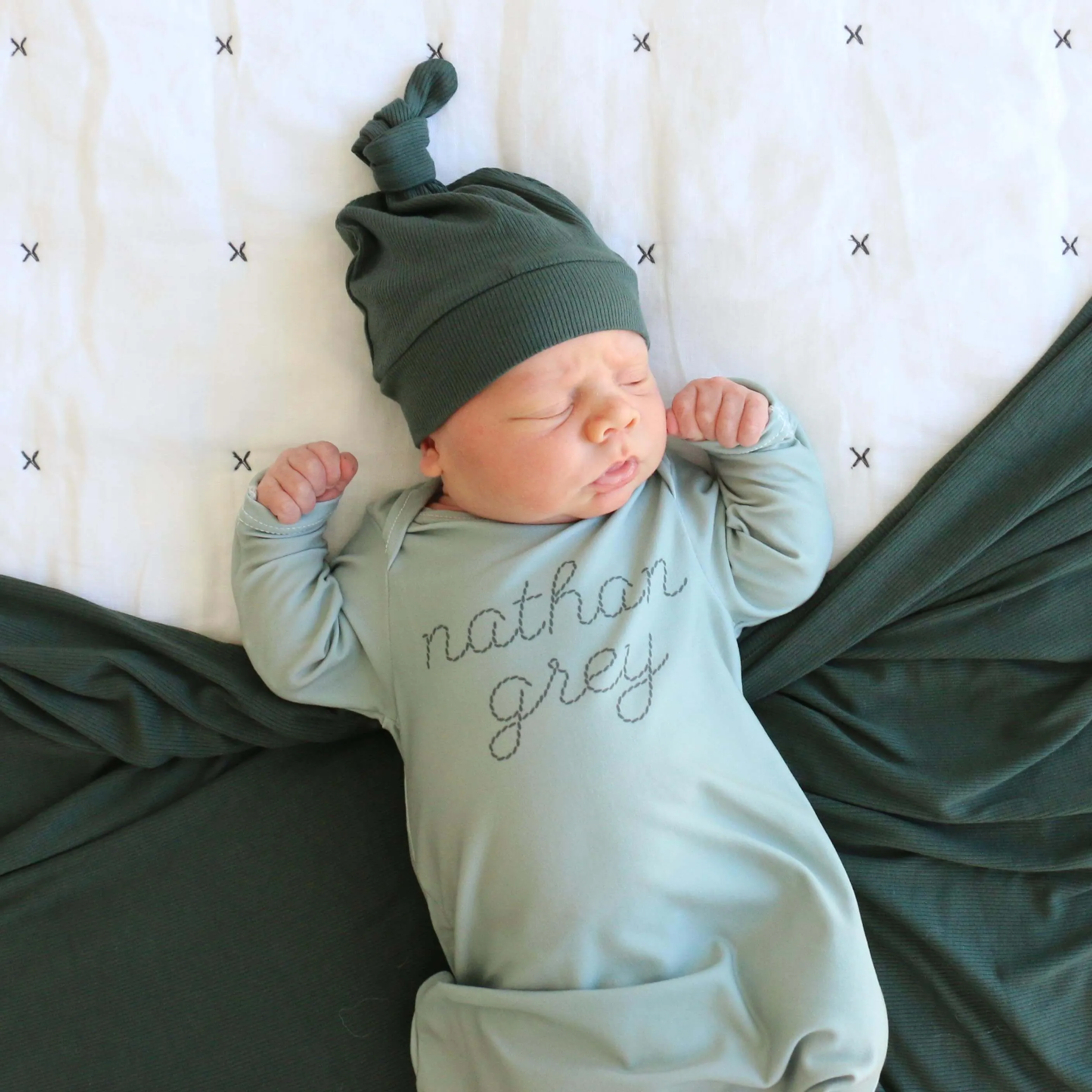 Personalized Stitched Newborn Baby Knot Gown | Forest Greens