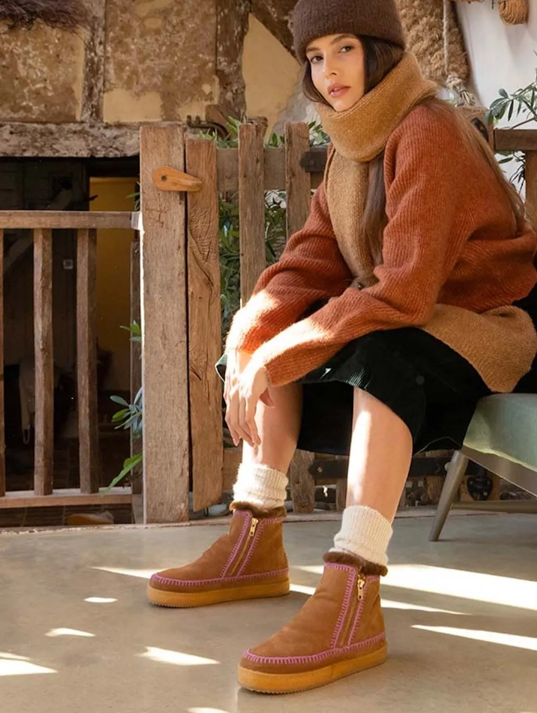 Setsu Crochet Boot Mustard Suede with Purple