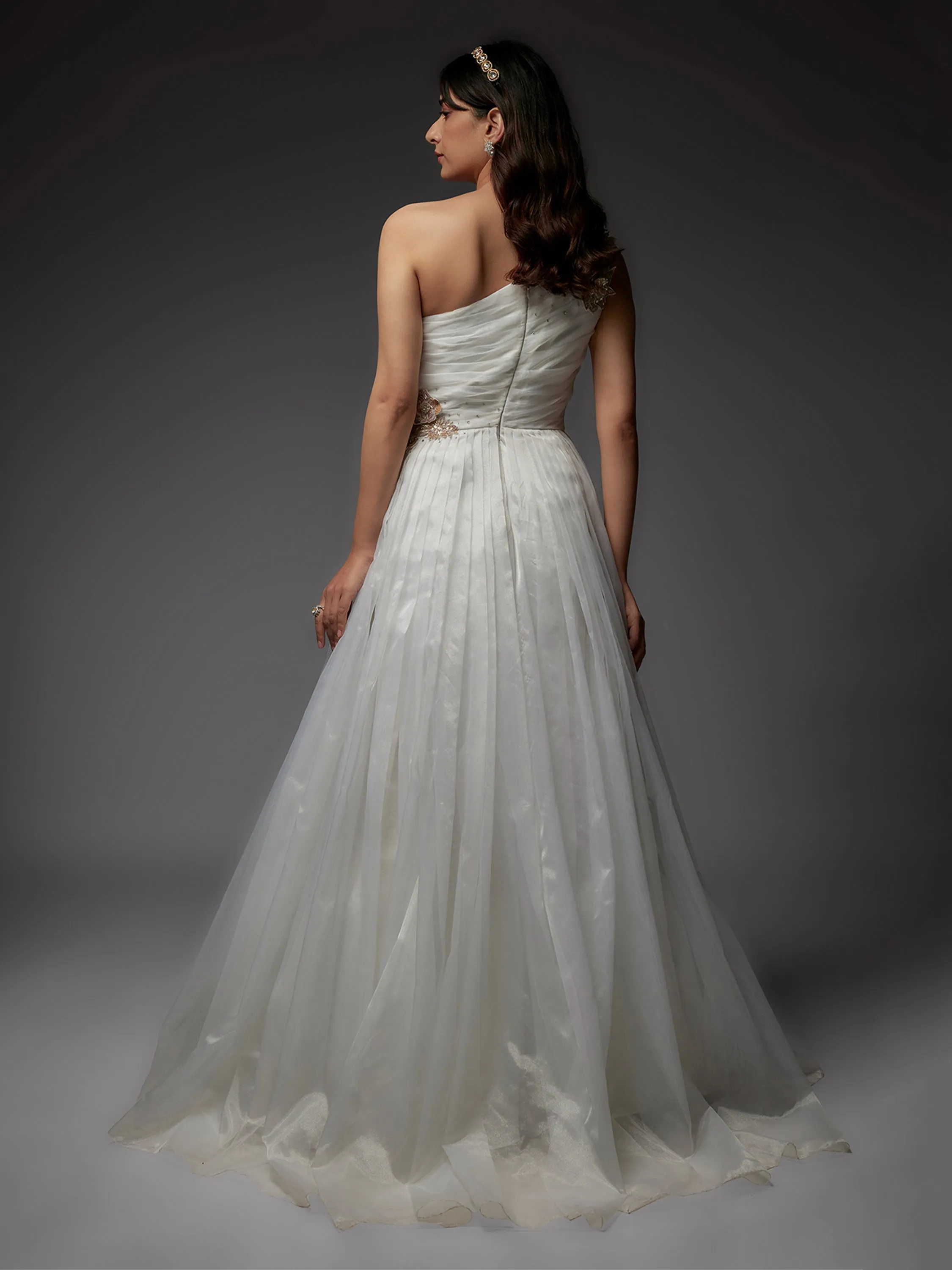 White Net Hand Embroidered Draped Gown with Applique Work
