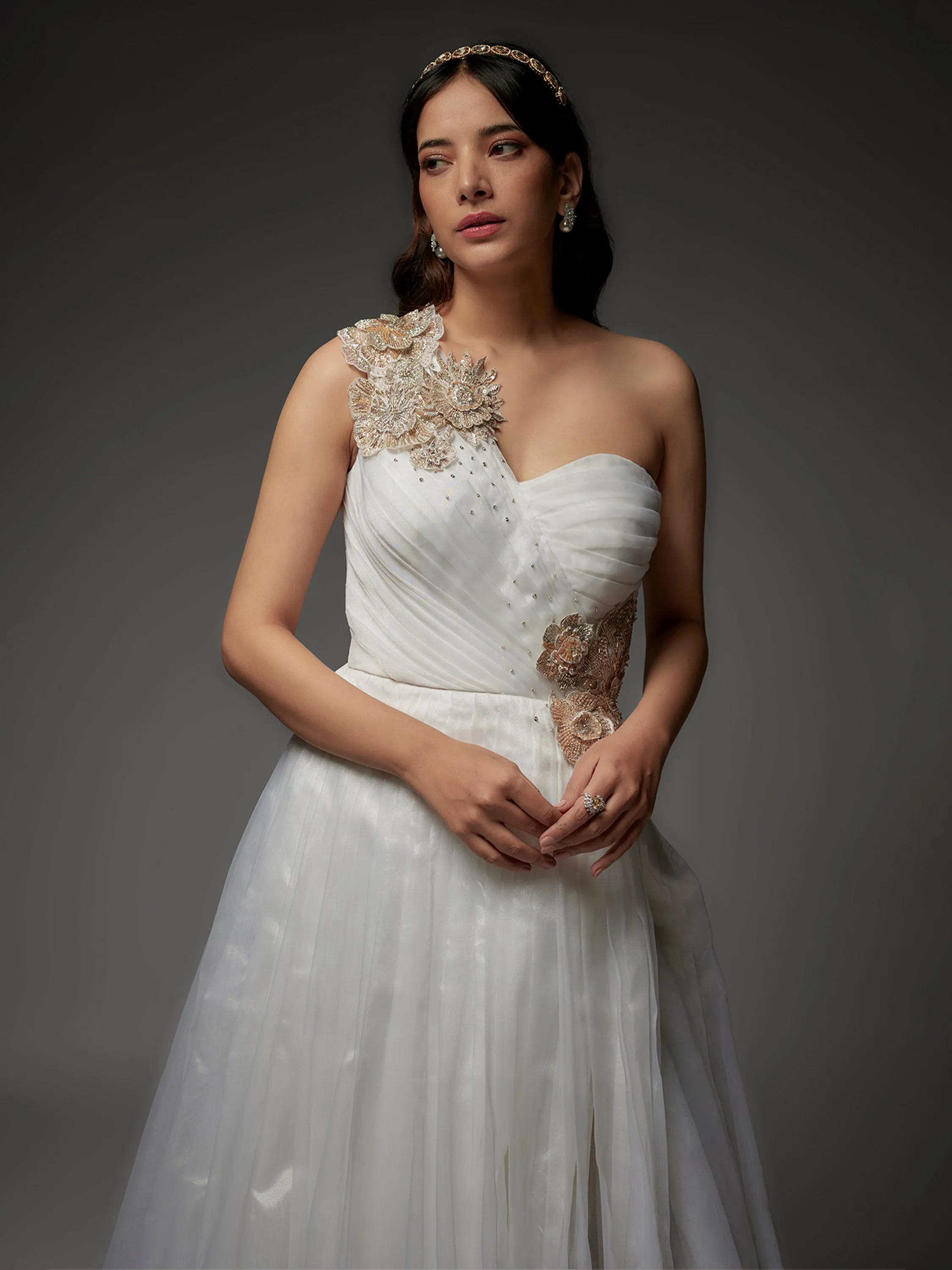 White Net Hand Embroidered Draped Gown with Applique Work