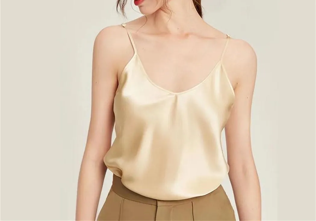 Women Mulberry Silk Camisoles Solid Color Casual Going Out Tank Tops Spaghetti Strap Sleepwear