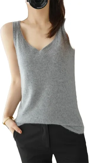 Women Pore Wool V-Neck Vest Cardigan Sleeveless Sweater Soft Simple Style Cashmere Knitwear Camisole