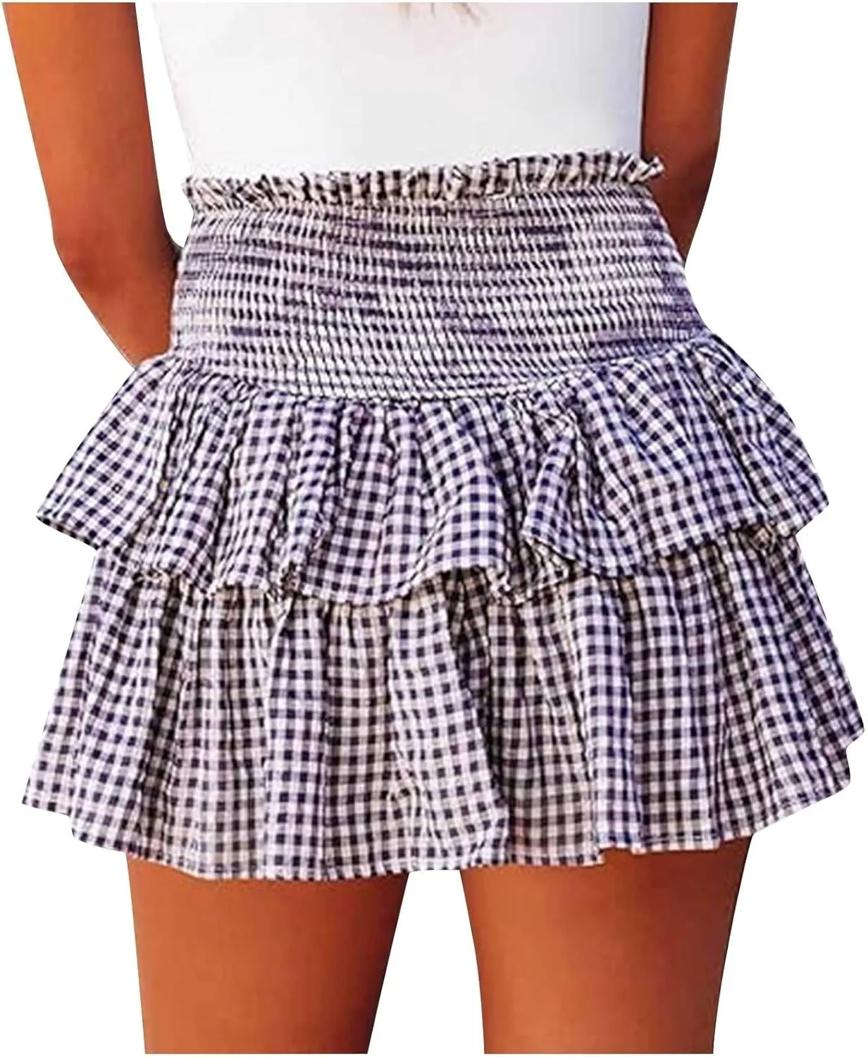 Women's Jacquard Plaid Sexy Mini Skirt, Tiered Ruffled Pleated Casual Skirts Elastic High Waist Summer A-Line Skirt