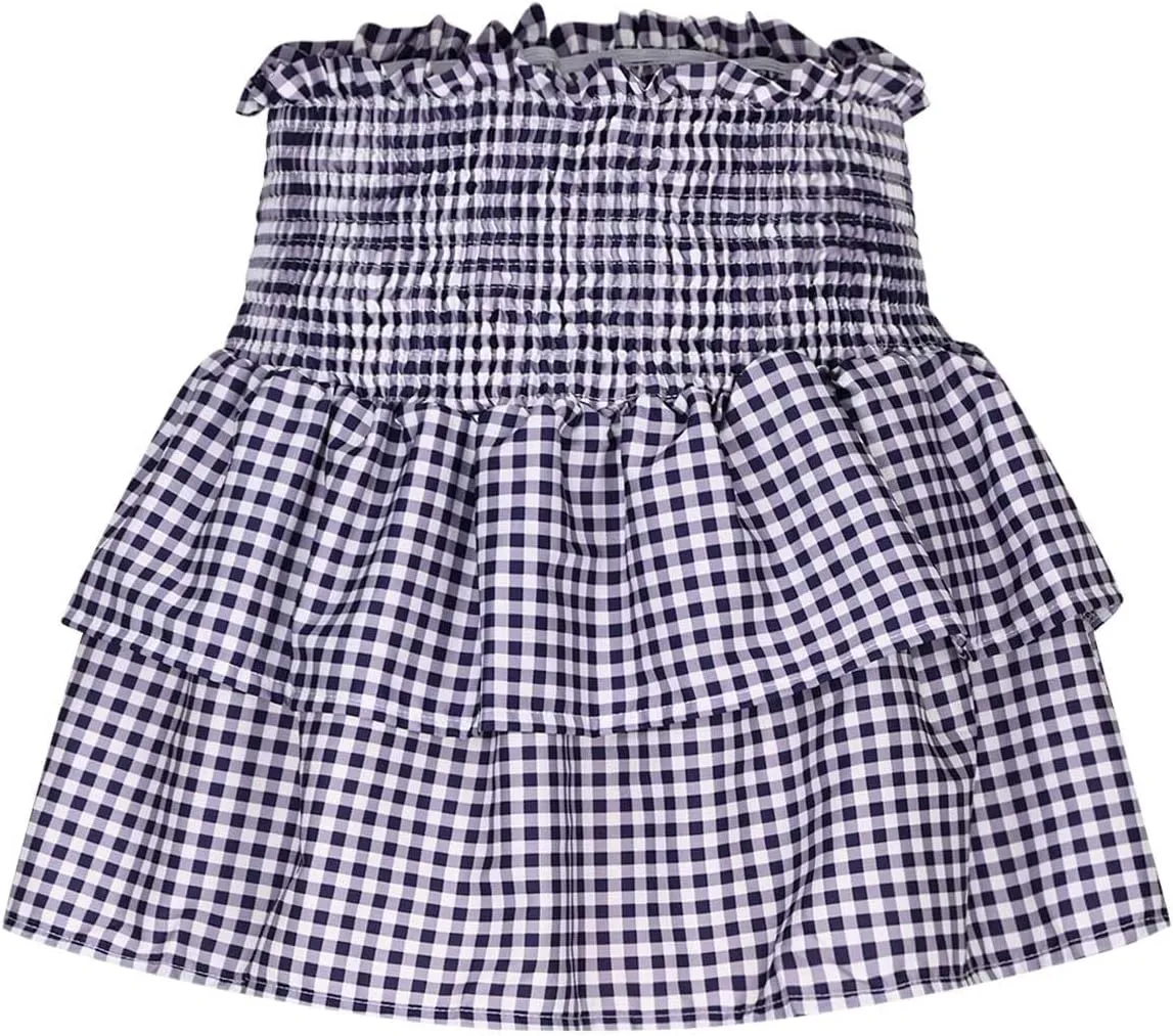 Women's Jacquard Plaid Sexy Mini Skirt, Tiered Ruffled Pleated Casual Skirts Elastic High Waist Summer A-Line Skirt