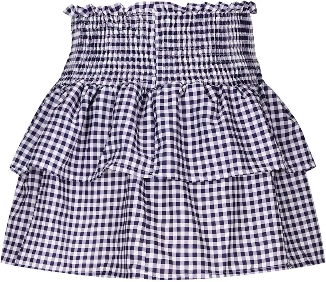 Women's Jacquard Plaid Sexy Mini Skirt, Tiered Ruffled Pleated Casual Skirts Elastic High Waist Summer A-Line Skirt