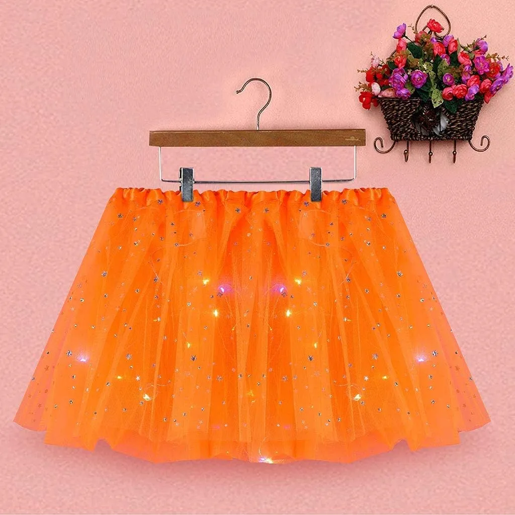 Womens Small Bulb Pleated Princess Skirt Fashion Star Sequin Mini Skirts Tulle Bubble Tutu Skirt Prom Party Shiny Skirt